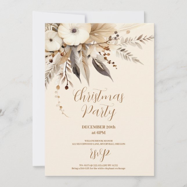 Invitación Fiesta de Boho Gold Floral Navidades (Anverso)