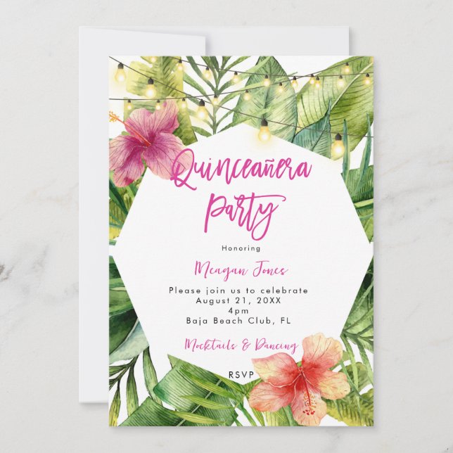 Invitación fiesta de boho quinceanera floral tropical (Anverso)