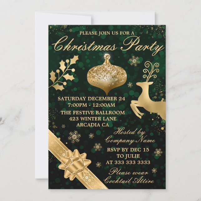 Invitación Fiesta de Bokek Verde y Navidades Gold Bauble & Ri (Anverso)