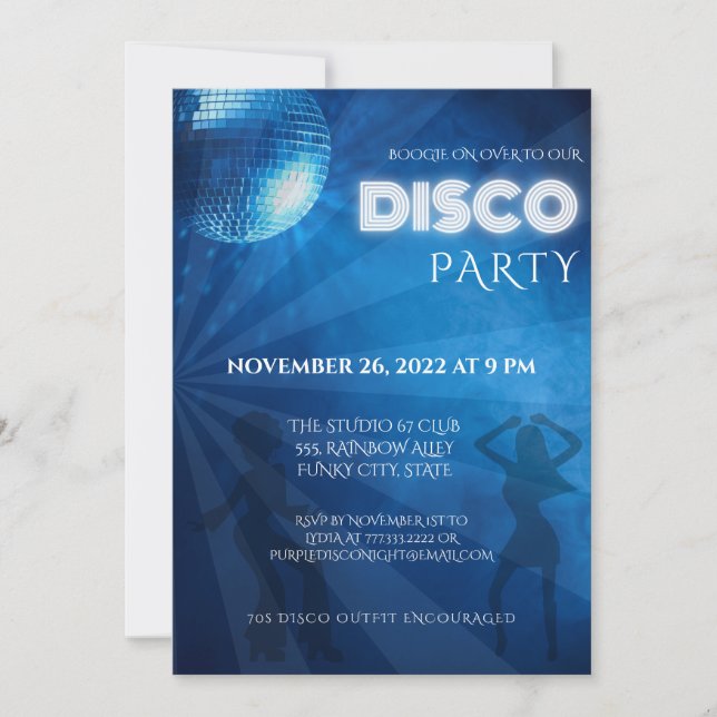Invitación Fiesta de Bola de Discoteca Azul Genial (Anverso)