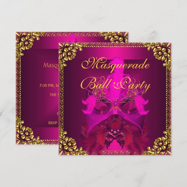 Invitación Fiesta de bolas de baile de máscaras rosa profundo (Anverso / Reverso)