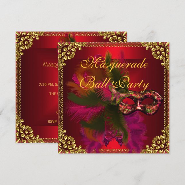 Invitación Fiesta de bolas de máscaras rojo profundo dorado (Anverso / Reverso)