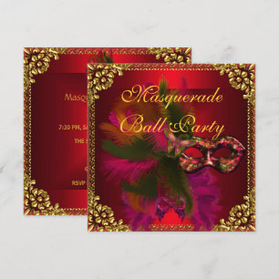 Invitación Fiesta de bolas de máscaras rojo profundo dorado