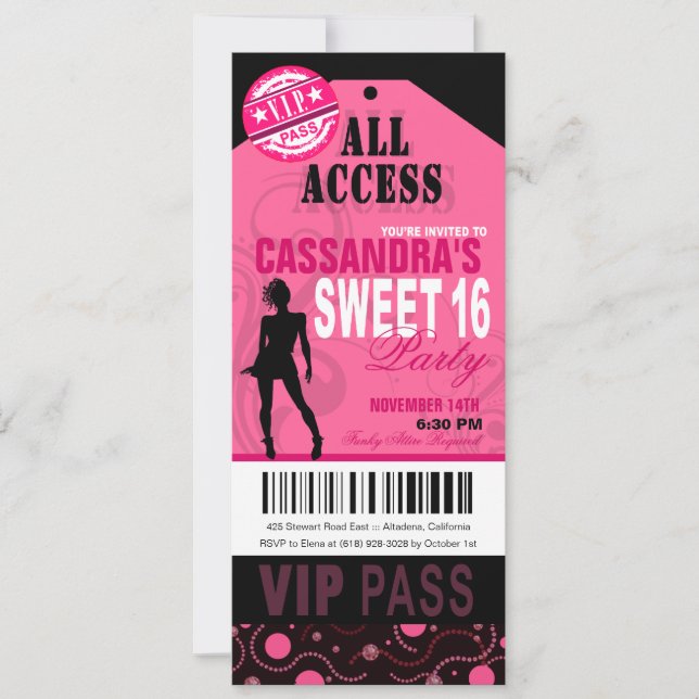 Invitación Fiesta de boletos 16 Ticket VIP Rosado y Negro (Anverso)