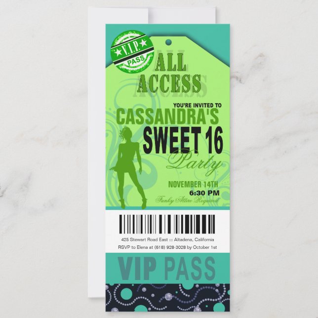 Invitación Fiesta de boletos Blue and Green VIP Sweet 16 Tick (Anverso)