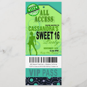 Invitación Fiesta de boletos Blue and Green VIP Sweet 16 Tick