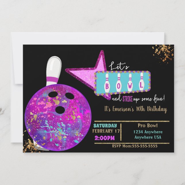 Invitación Fiesta de boliche, bolos de la Neon de Cumpleaños (Anverso)