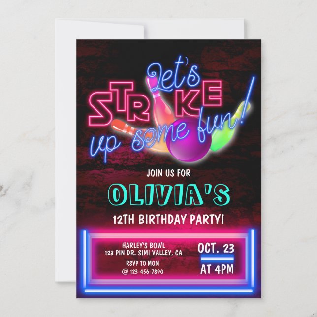 Invitación Fiesta de boliche, Bowling, cumpleaños de boliche (Anverso)