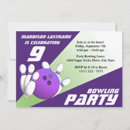 Invitación Fiesta de boliche Cumpleaños Morado y Verde