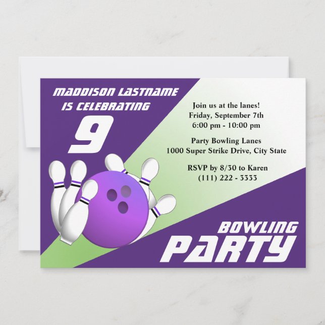 Invitación Fiesta de boliche Cumpleaños Morado y Verde (Anverso)