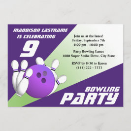 Invitación Fiesta de boliche Cumpleaños Morado y Verde