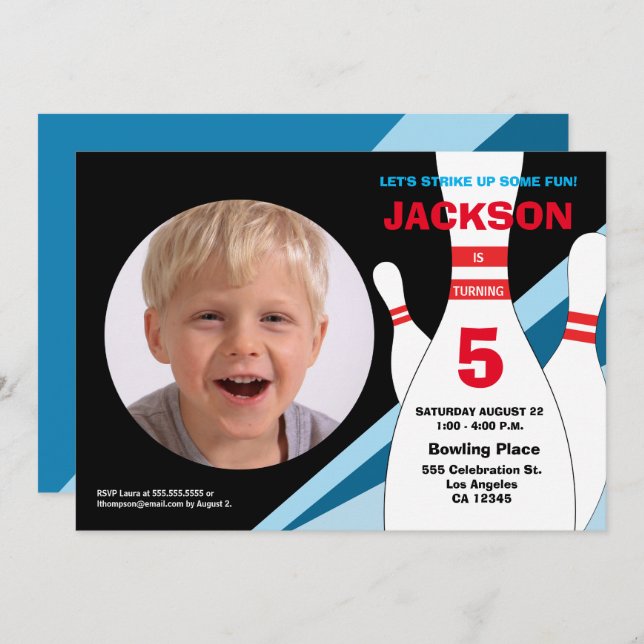 Invitación fiesta de boliche de quinto cumpleaños amarillo ro (Anverso / Reverso)