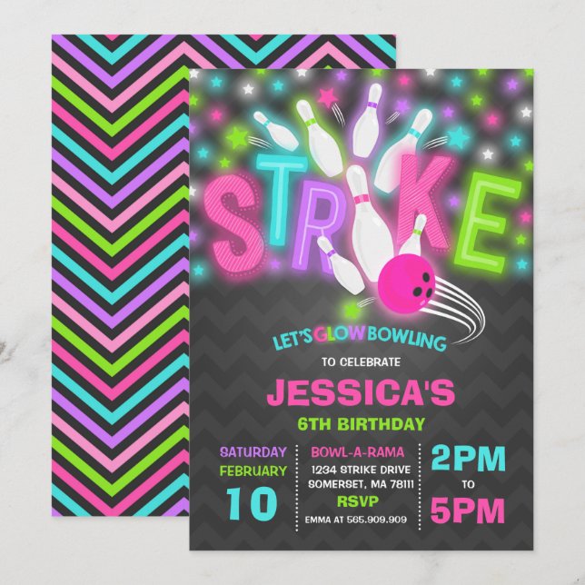 Invitación Fiesta de boliche de resplandor Neon (Anverso / Reverso)