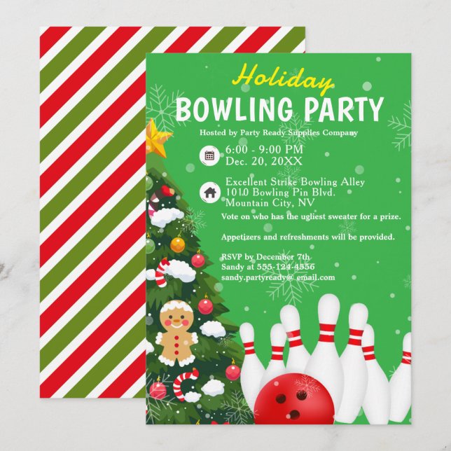 Invitación Fiesta de boliche navideño árbol verde fondo (Anverso / Reverso)