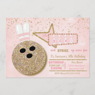 Invitación Fiesta de boliche, purpurina rosa de cumpleaños