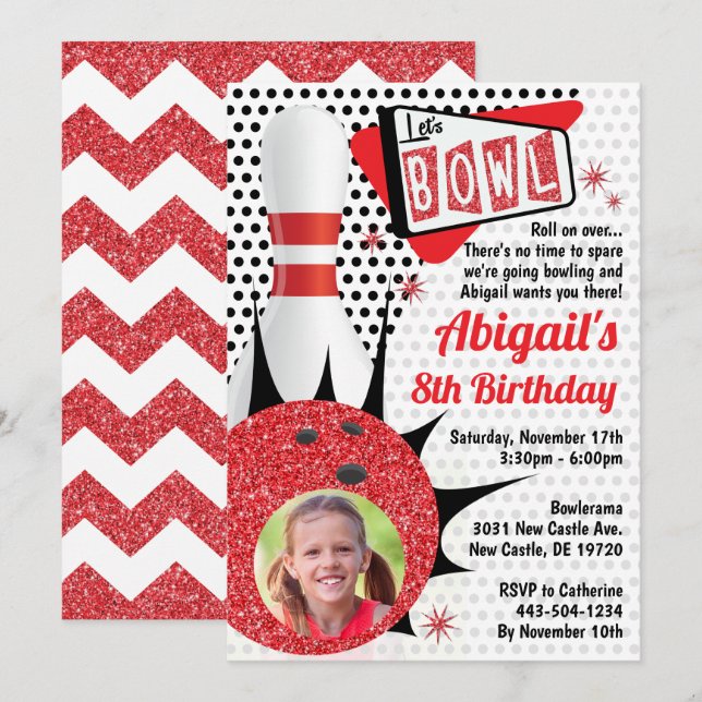 Invitación Fiesta de boliche retro hinchado con foto (Anverso / Reverso)