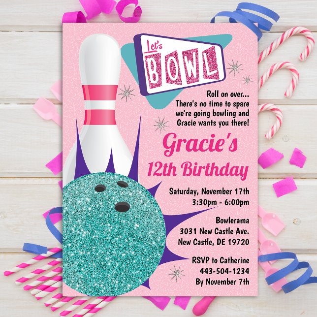 Invitación Fiesta de boliche Retro Rosa y Tenpin Verde azulad (Subido por el creador)