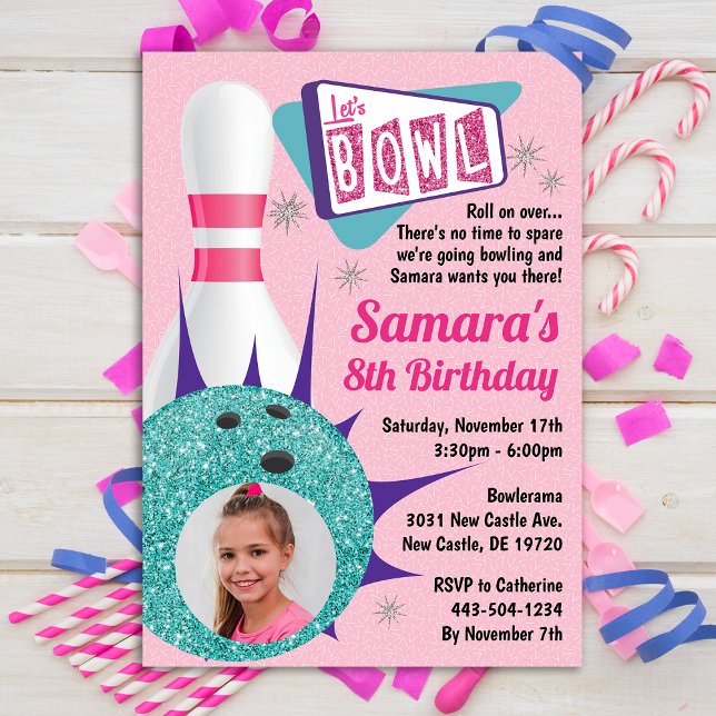 Invitación Fiesta de bolos de Tenpin retro en foto rosa y Ver (Subido por el creador)