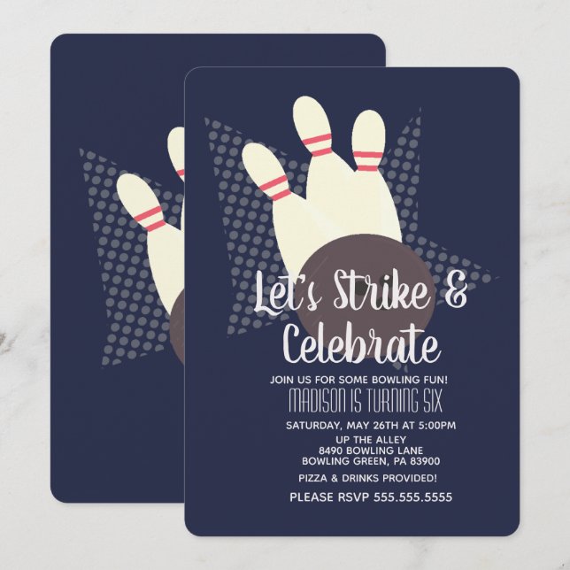 Invitación Fiesta de Bolos Strike y Celebra Cumpleaños (Anverso / Reverso)