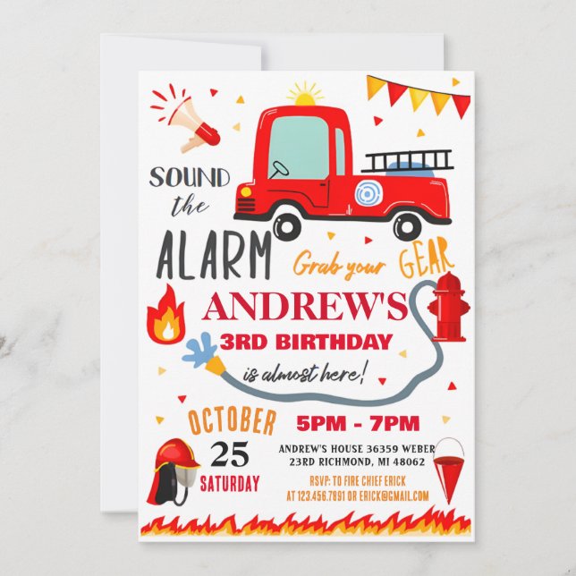 Invitación Fiesta de bomberos moderno Cumpleaños para el niño (Anverso)