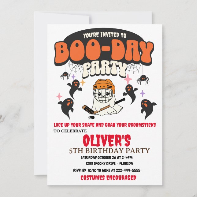 INVITACIÓN FIESTA DE BOO-DAY HALLOWEEN GHOST HOCKEY (Anverso)