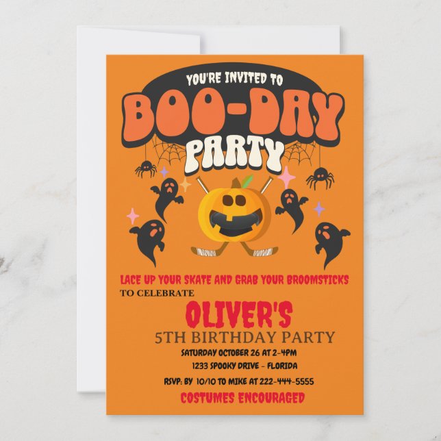 INVITACIÓN FIESTA DE BOO-DAY HALLOWEEN PUMPKIN HOCKEY (Anverso)