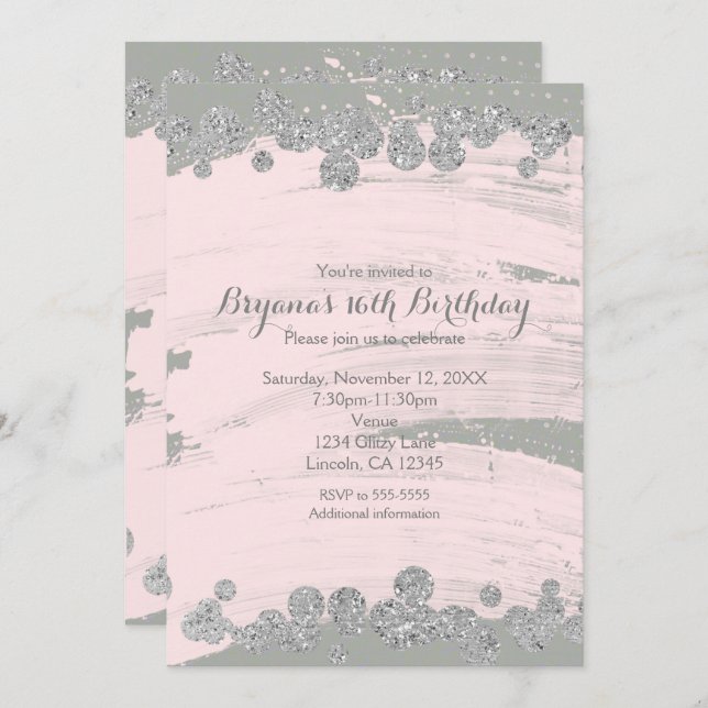 Invitación Fiesta de brillo de puntos de espuma rosada y gris (Anverso / Reverso)