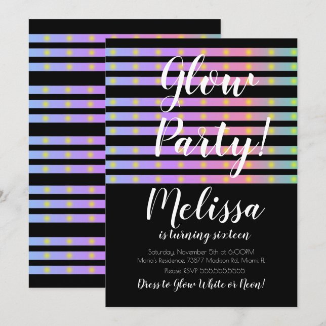 Invitación Fiesta de brillo loco de neón LED en la oscuridad (Anverso / Reverso)