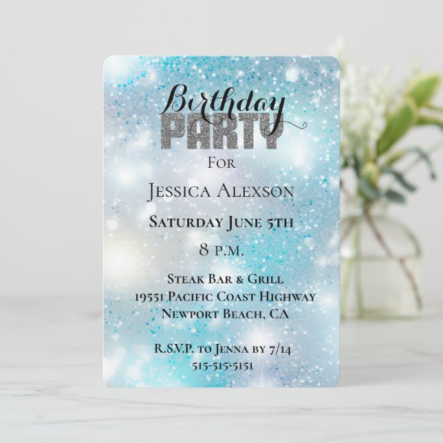 Invitación Fiesta de brillo plateado Aqua azul Bokeh Cumpleañ (Anverso de pie)