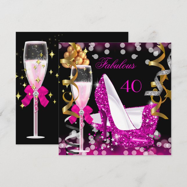 Invitación Fiesta de Brillo Rosa Caliente Fabuloso 40 (Anverso / Reverso)