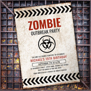 Invitación Fiesta de brote de zombi con texto grunge