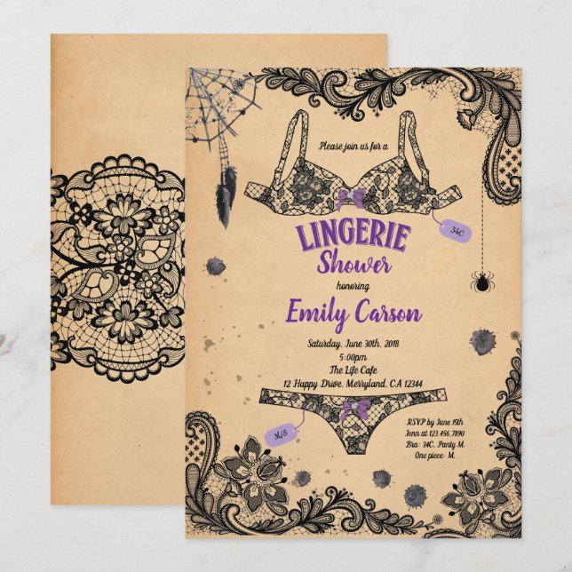 Invitación fiesta de bruja negra de encaje en lencería de Hal (Anverso / Reverso)