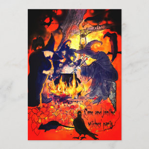 Invitación Fiesta de brujas de Halloween Arte Caldera Buitres