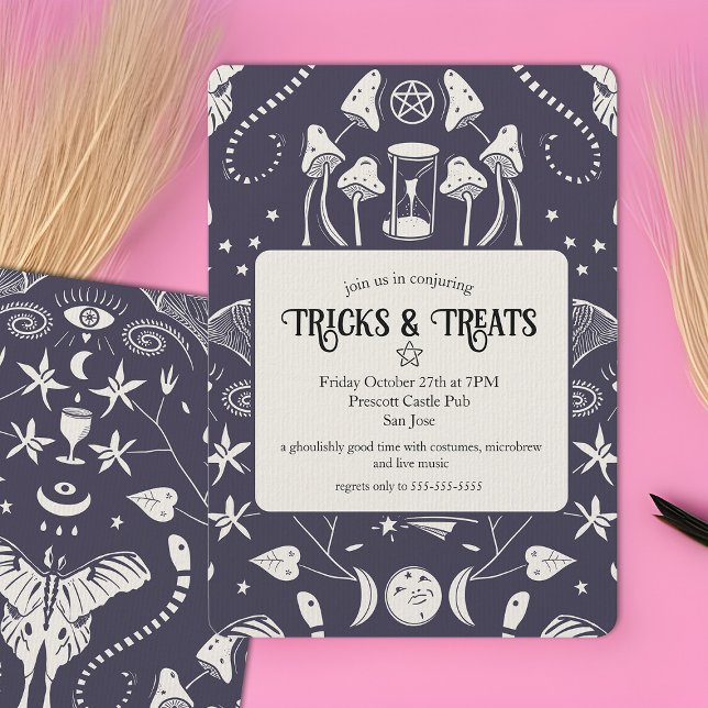 Invitación Fiesta de Brujas Halloween Símbolos místicos ocult (Witchy & whimsical Halloween party invitations with magical symbols)