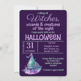 Invitación Fiesta de brujas y magos de Halloween púrpura