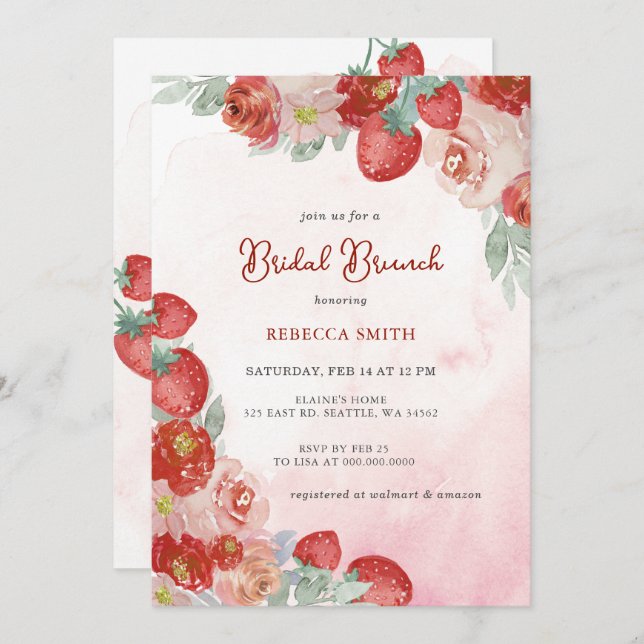 Invitación Fiesta de Brunch Bridal Temático de Fresa (Anverso / Reverso)
