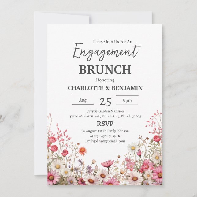Invitación Fiesta de Brunch de Compromiso Floral de Daisy Cut (Anverso)