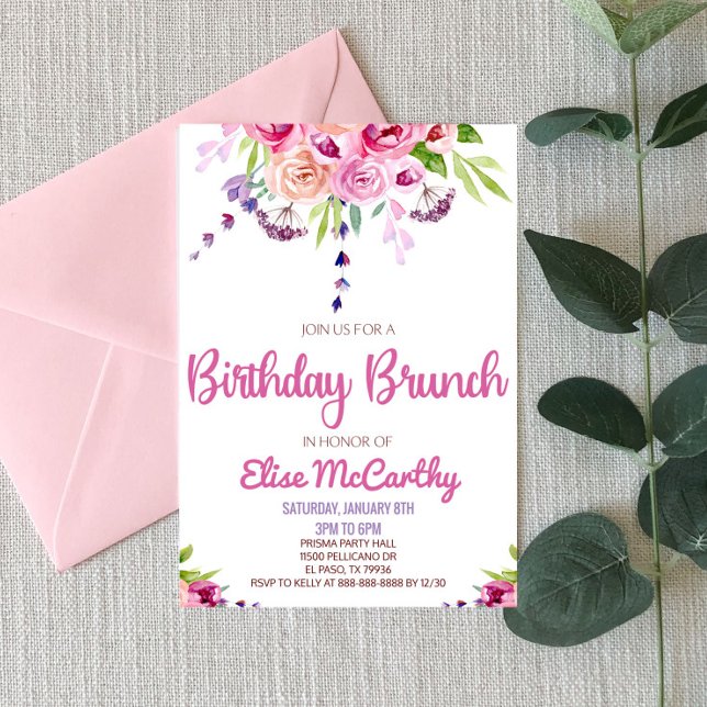 Invitación Fiesta de brunch de cumpleaños con flor morada ros (Subido por el creador)