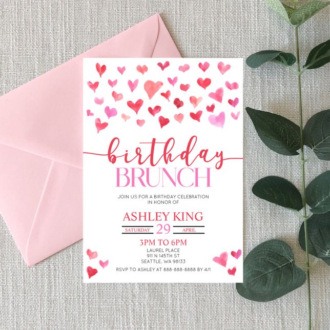 Invitación Fiesta de brunch de cumpleaños de corazones rosado (Subido por el creador)