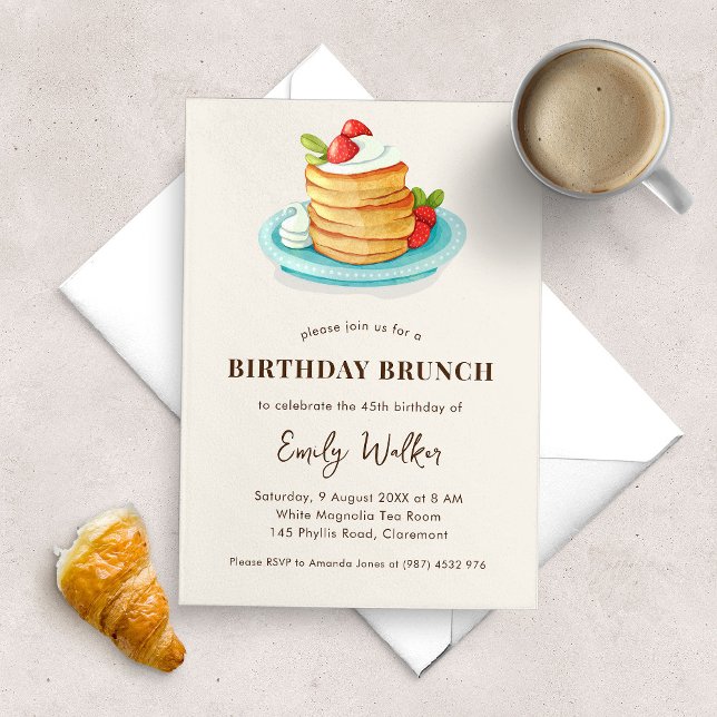 Invitación Fiesta de brunch de cumpleaños de Pancake (birthday brunch party invitation with a watercolor illustration of Japanese pancake dessert.)