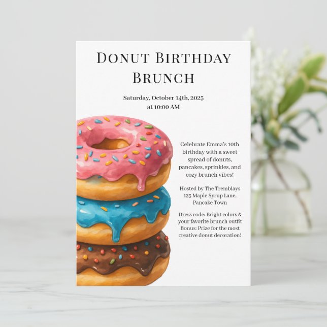 Invitación Fiesta de Brunch de Cumpleaños | Panqueques y Dona (Anverso de pie)
