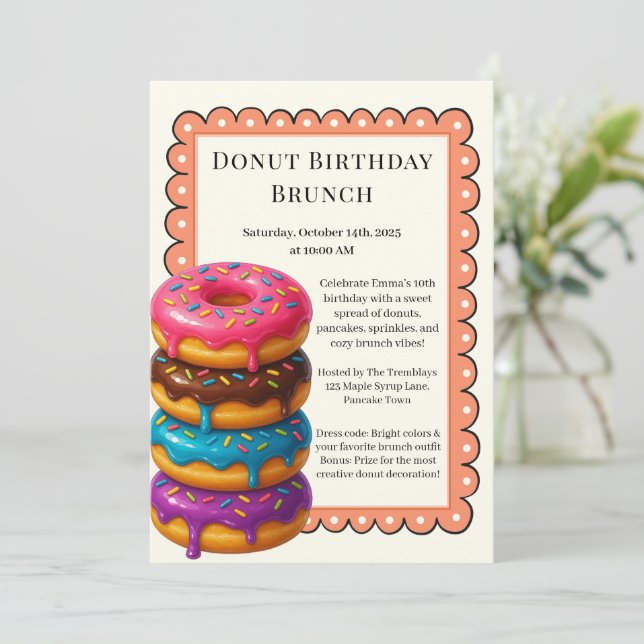 Invitación Fiesta de Brunch de Cumpleaños | Panqueques y Dona (Anverso de pie)