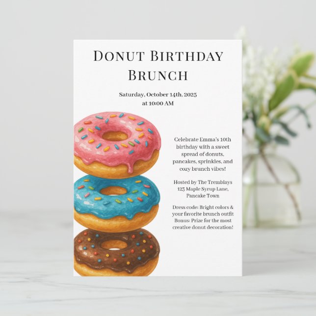 Invitación Fiesta de Brunch de Cumpleaños | Panqueques y Dona (Anverso de pie)
