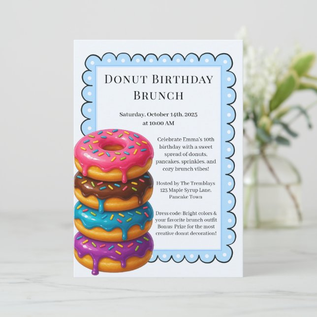 Invitación Fiesta de Brunch de Cumpleaños | Panqueques y Dona (Anverso de pie)