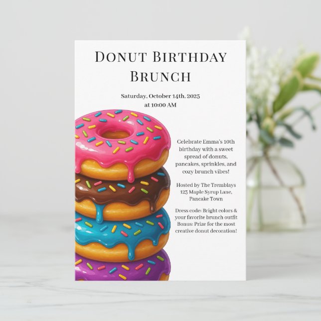 Invitación Fiesta de Brunch de Cumpleaños | Panqueques y Dona (Anverso de pie)