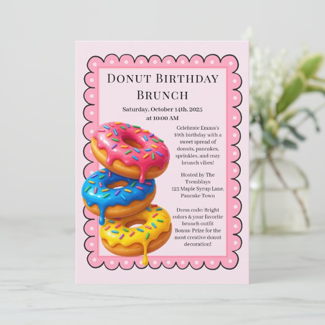 Invitación Fiesta de Brunch de Cumpleaños | Panqueques y Dona (Anverso de pie)