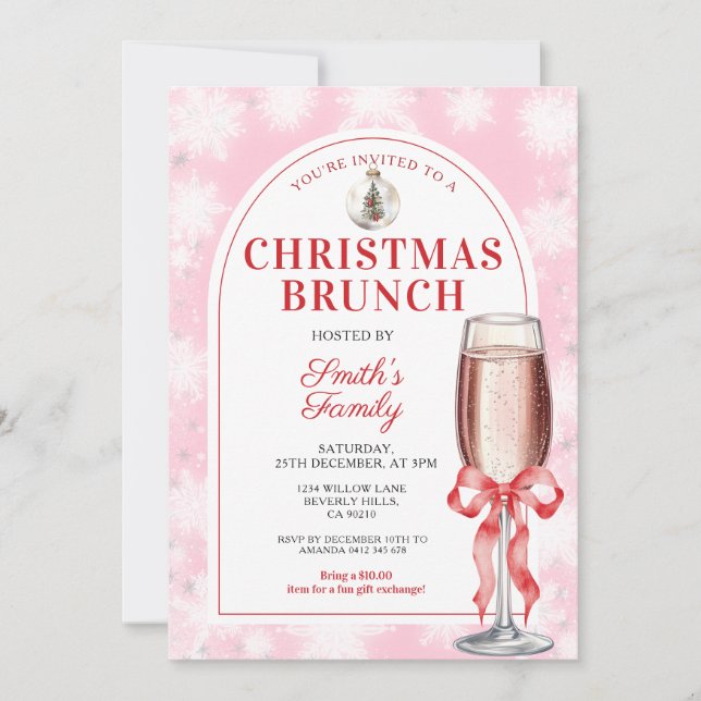 Invitación Fiesta de Brunch de Navidad Lazo Rojo Vino Gingham (Anverso)
