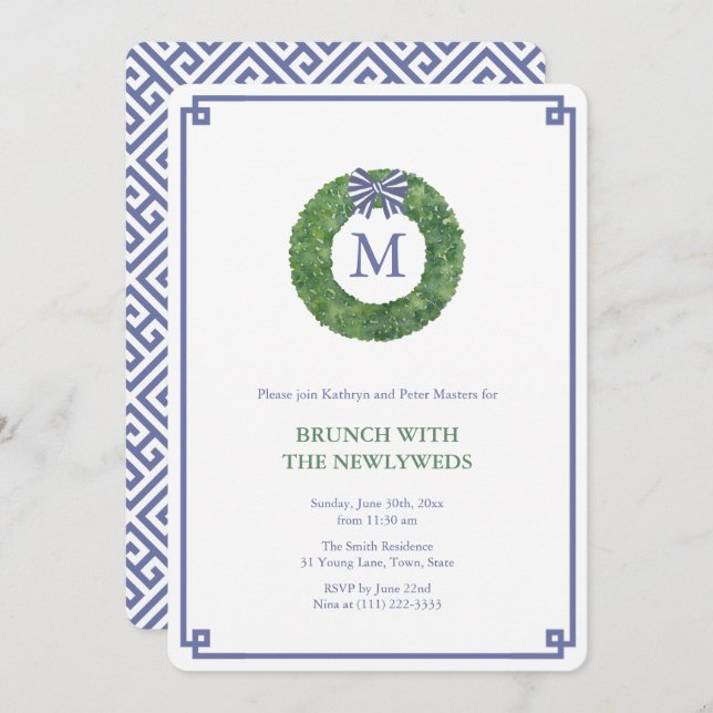 Invitación Fiesta De Brunch De Preppy Navy Y Green Newlyweds (Anverso / Reverso)