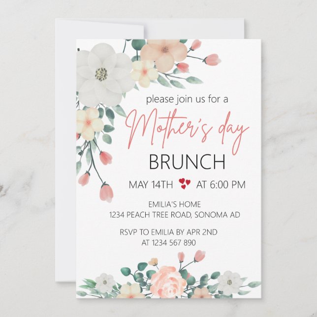 Invitación fiesta de brunch en el Día de la Madre de Rubor Fl (Anverso)