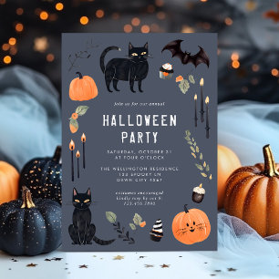 Invitación Fiesta de calabaza para gato de Halloween oscuro